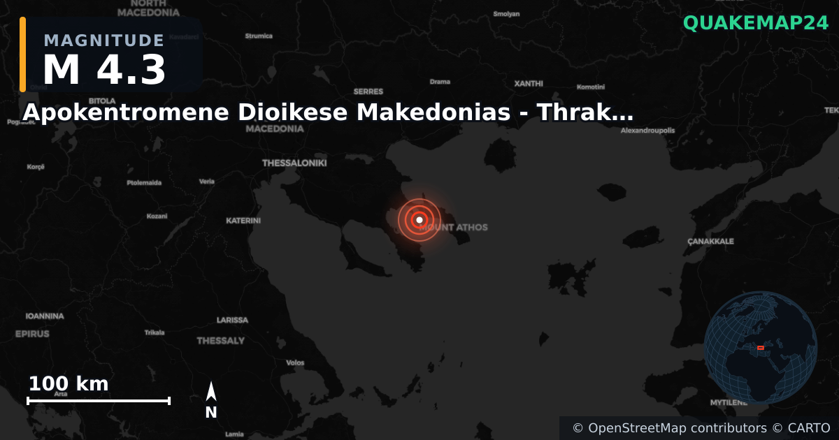 M4.3 earthquake near Apokentromene Dioikese Makedonias - Thrakes on Nov 13, 2025 — map of epicenter and shaking intensity | QuakeMap24
