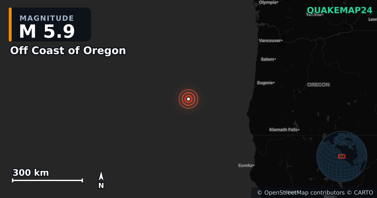 M5.9 earthquake near Off Coast of Oregon on Sep 26, 2025 — map of epicenter and shaking intensity | QuakeMap24