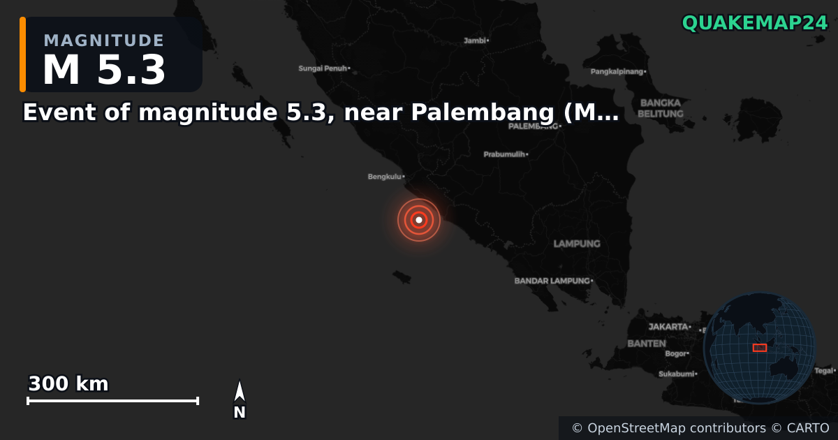 Event of magnitude 5.3, near Palembang (Monde) yakınında M5,3 deprem — Deprem merkez üssünün konumunu gösteren harita