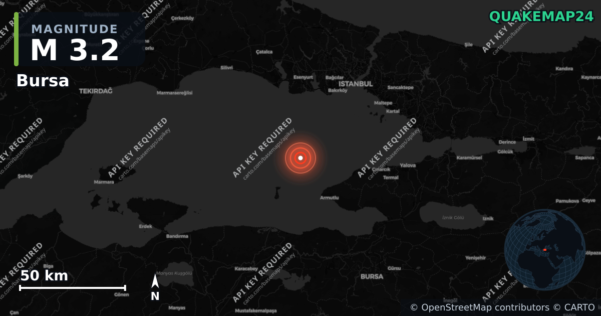 M3.2 earthquake near Bursa on Aug 26, 2026 — map of epicenter and shaking intensity | QuakeMap24