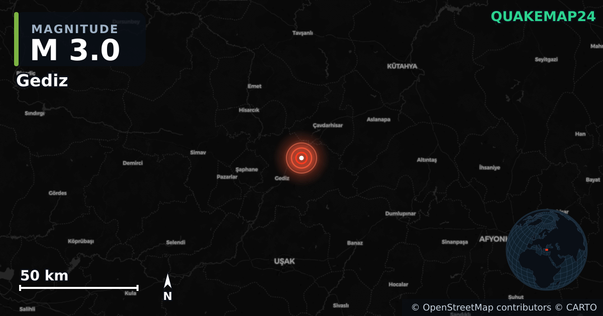 M3.0 earthquake near Gediz on Oct 30, 2025 — map of epicenter and shaking intensity | QuakeMap24