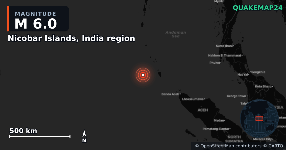 M6.0 earthquake near Nicobar Islands, India region on Mar 12, 2025 — map of epicenter and shaking intensity | QuakeMap24