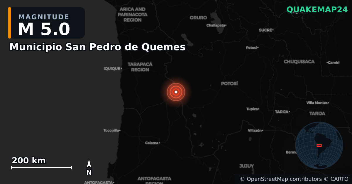 M5.0 earthquake near Municipio San Pedro de Quemes on Apr 8, 2025 — map of epicenter and shaking intensity | QuakeMap24