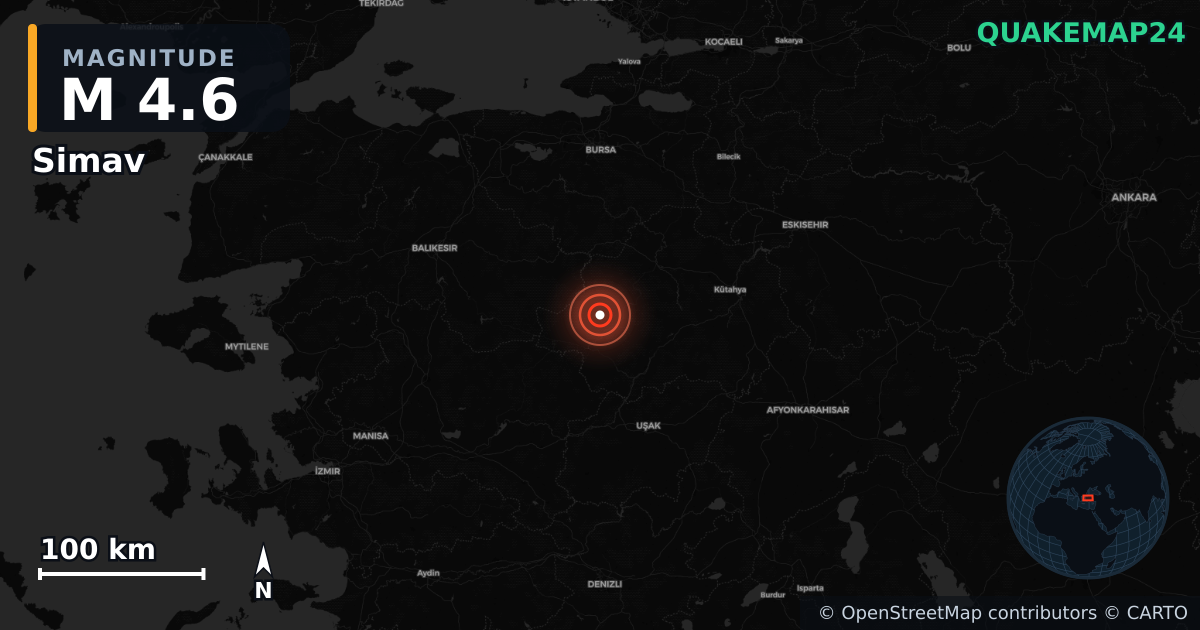 M4.6 earthquake near Simav on Apr 11, 2026 — map of epicenter and shaking intensity | QuakeMap24