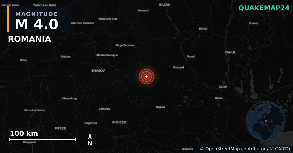 M4.0 earthquake near ROMANIA on Jun 23, 2025 — map of epicenter and shaking intensity | QuakeMap24