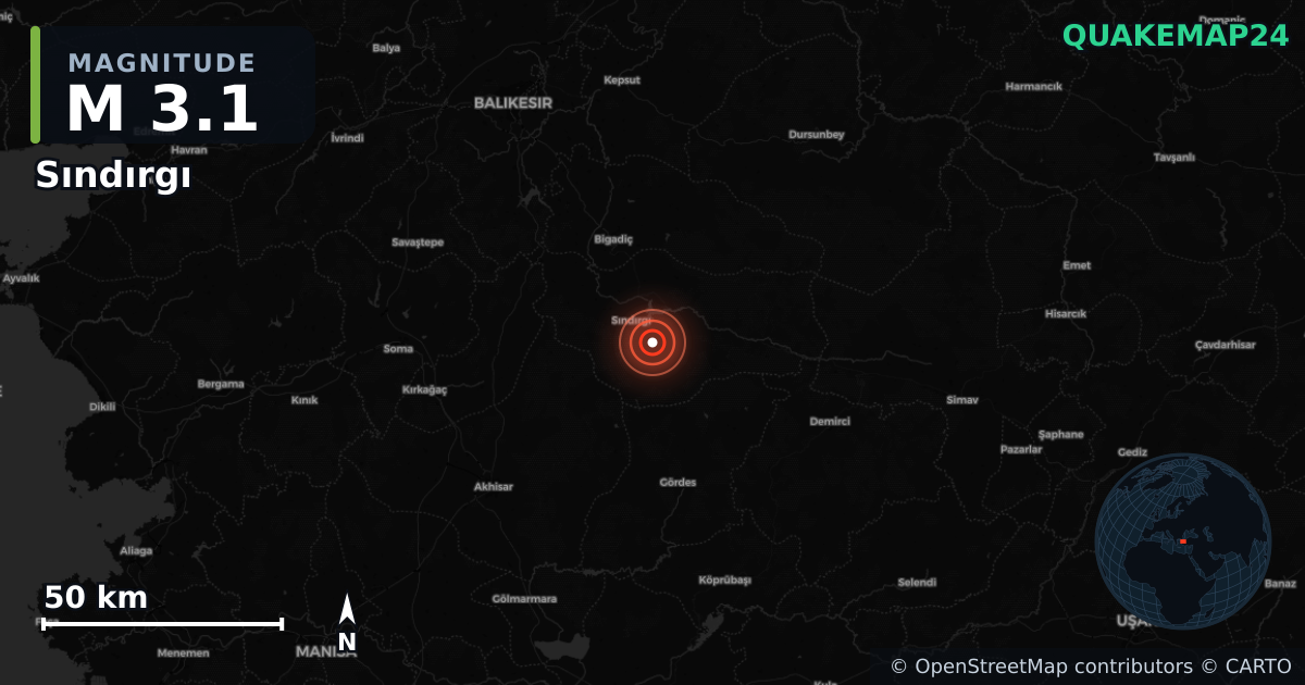 M3.1 earthquake near Sındırgı on Aug 23, 2025 — map of epicenter and shaking intensity | QuakeMap24