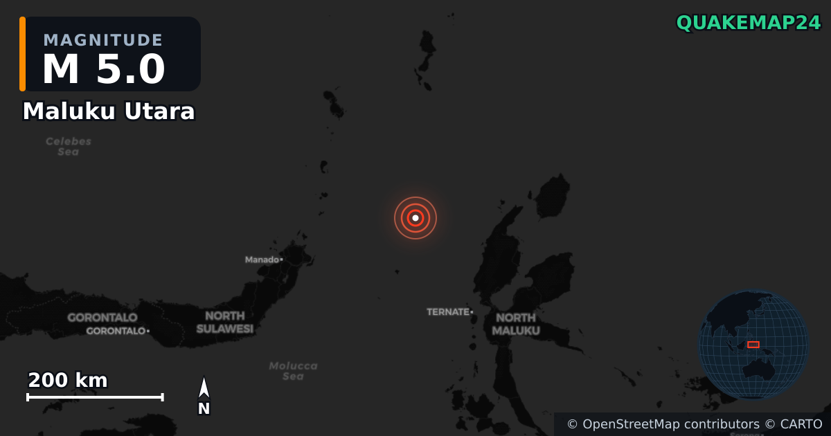 M5.0 earthquake near Maluku Utara on Nov 19, 2025 — map of epicenter and shaking intensity | QuakeMap24