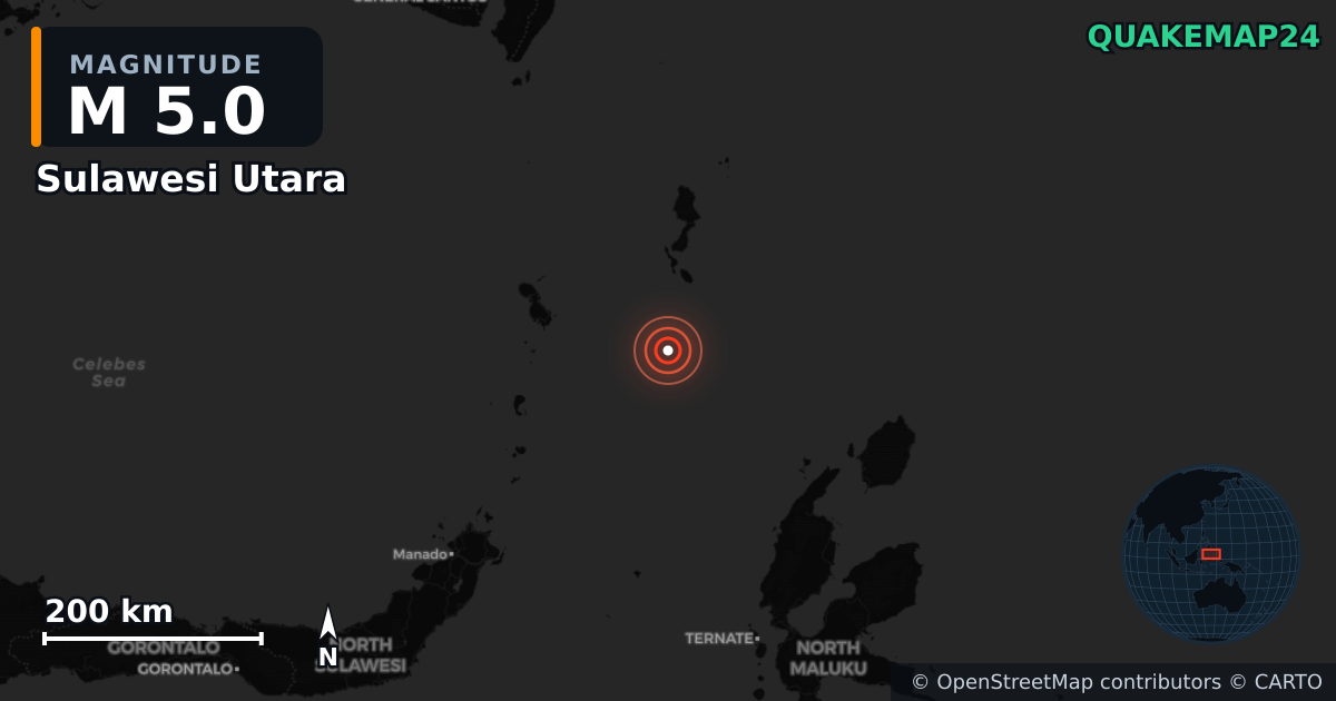 Σεισμός M5,0 κοντά στο Sulawesi Utara (Ινδονησία) — Χάρτης της θέσης του επικέντρου