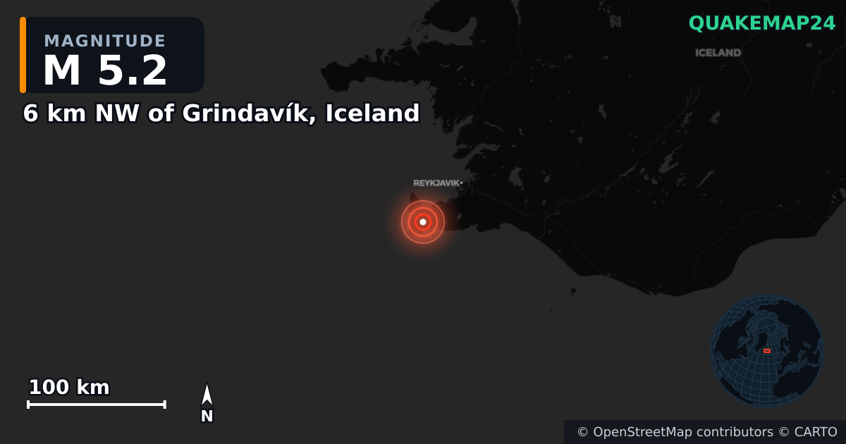 6 km NW of Grindavík, Iceland yakınında M5,2 deprem — Deprem merkez üssünün konumunu gösteren harita