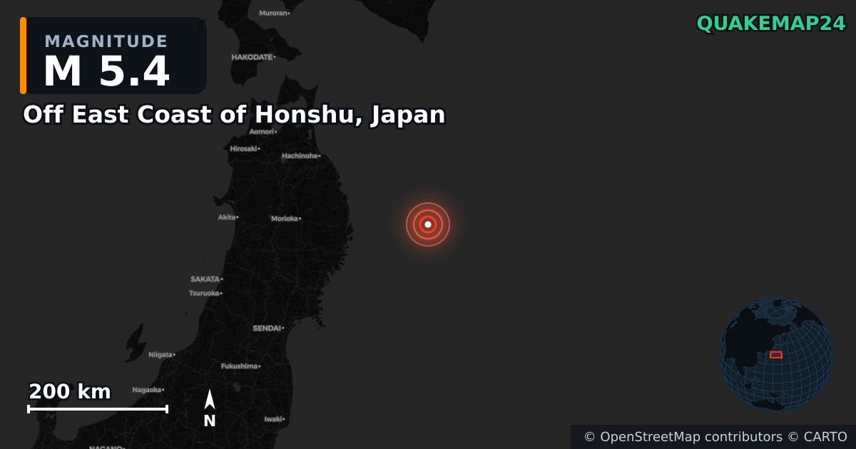 M5.4 earthquake near Off East Coast of Honshu, Japan on Apr 20, 2026 — map of epicenter and shaking intensity | QuakeMap24