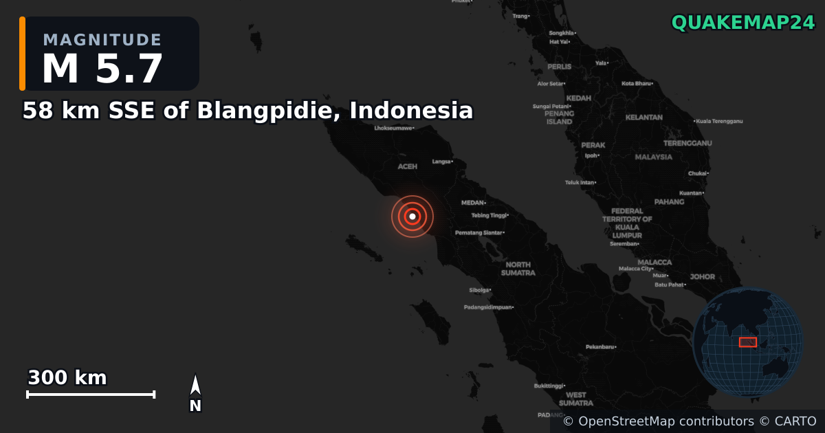 M5.7 earthquake near 58 km SSE of Blangpidie, Indonesia on Jan 31, 2025 — map of epicenter and shaking intensity | QuakeMap24