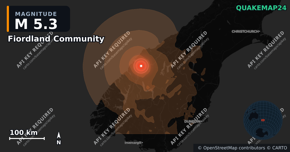 M5.3 earthquake near Fiordland Community on Sep 2, 2026 — map of epicenter and shaking intensity | QuakeMap24