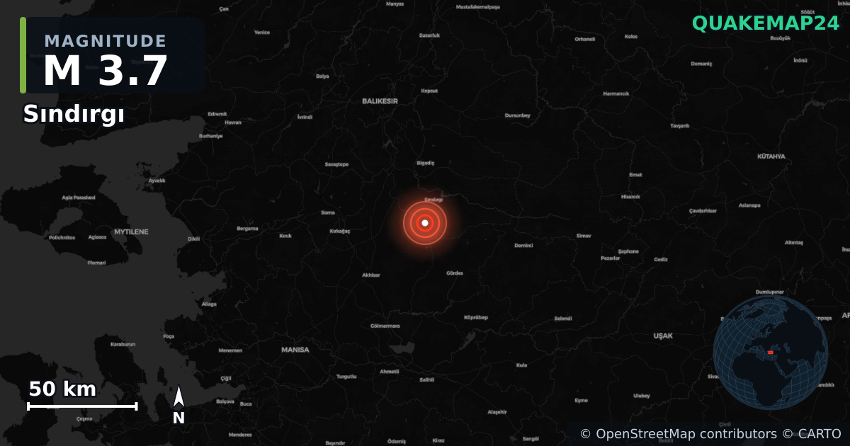 M3.7 earthquake near Sındırgı on Aug 16, 2025 — map of epicenter and shaking intensity | QuakeMap24