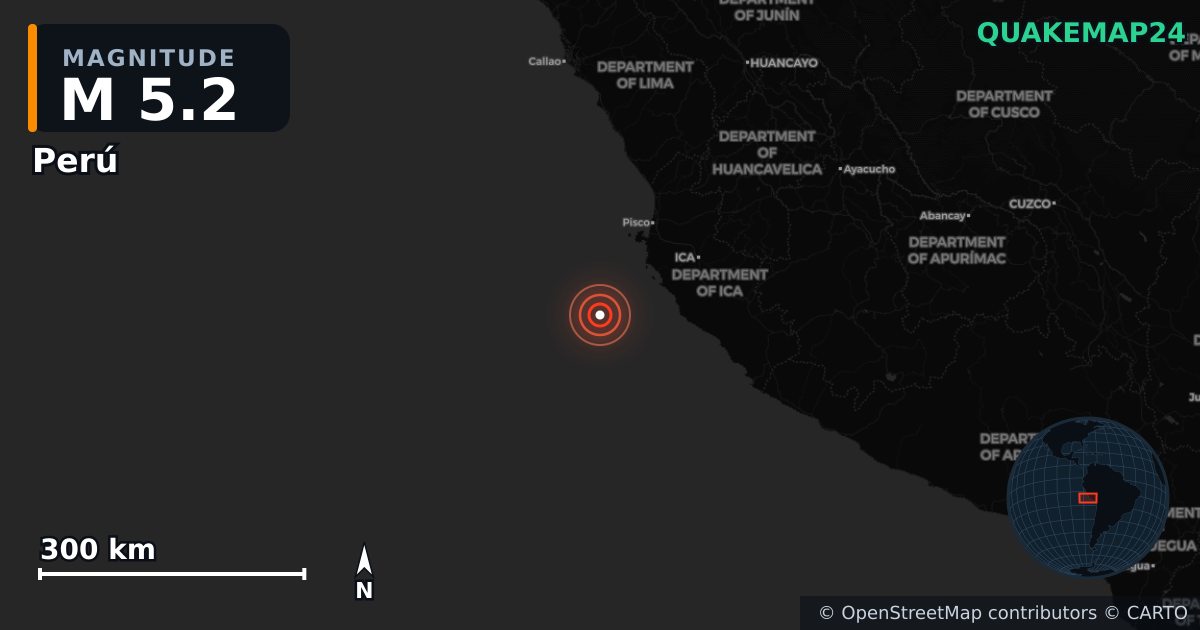 M5.2 earthquake near Perú on Apr 16, 2026 — map of epicenter and shaking intensity | QuakeMap24