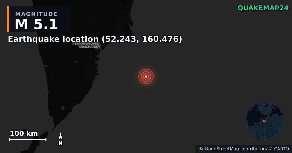 M5.1 earthquake near Deprem konumu (52.243, 160.476) on Nov 3, 2025 — map of epicenter and shaking intensity | QuakeMap24