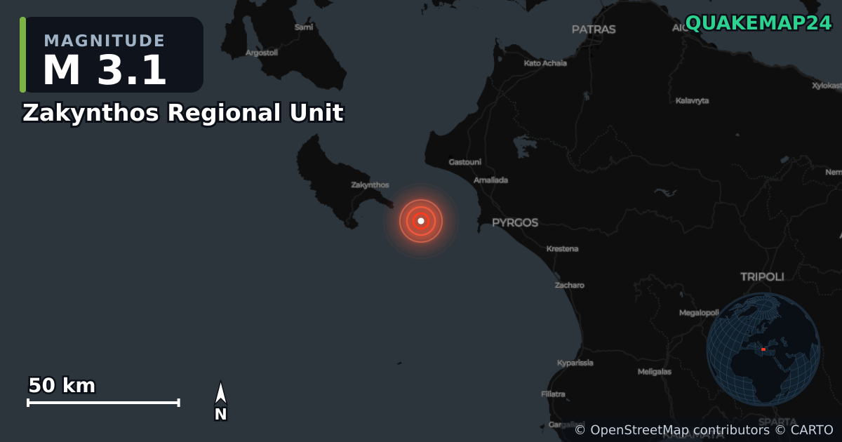 M3.1 Earthquake near Zakynthos Regional Unit, Ioanian Islands (Greece) · 2026-10-25 — Map showing the location of the epicenter