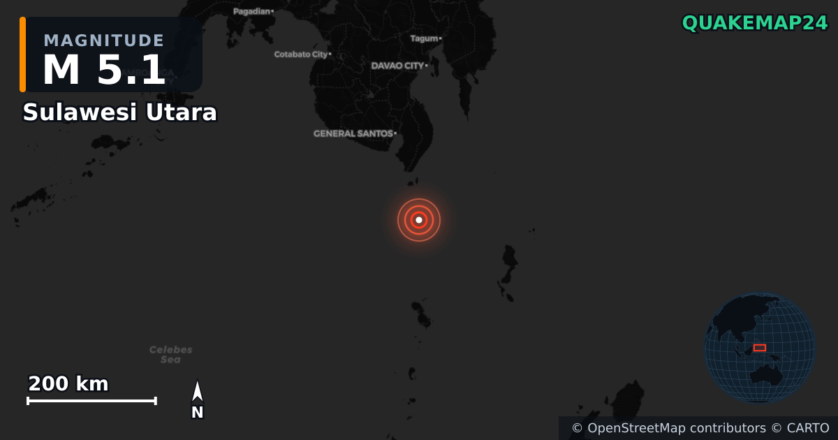 M5.1 earthquake near Sulawesi Utara on Jun 11, 2026 — map of epicenter and shaking intensity | QuakeMap24