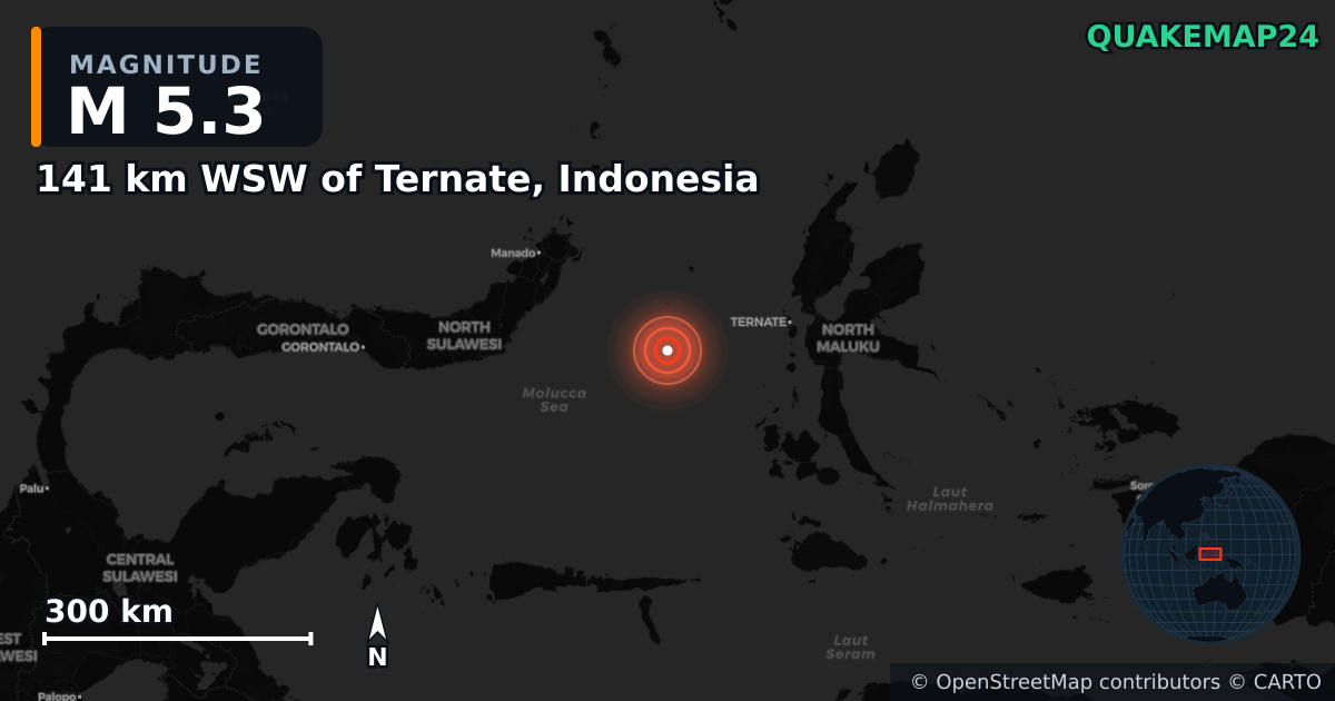 M5.3 earthquake near 141 km WSW of Ternate, Indonesia on Apr 14, 2025 — map of epicenter and shaking intensity | QuakeMap24