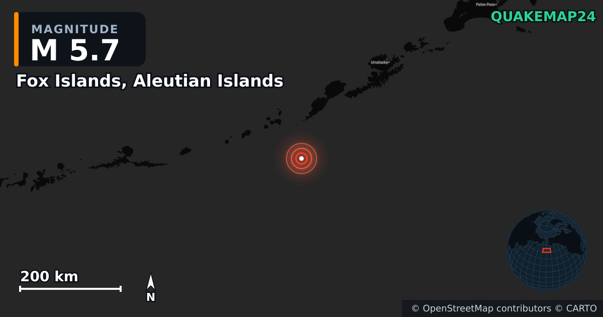 Erdbeben M5,7 bei Fox Islands, Aleutian Islands — Karte der Lage des Epizentrums