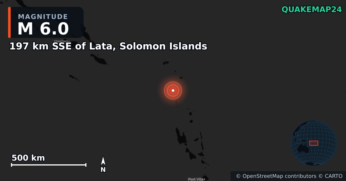 M6.0 earthquake near 197 km SSE of Lata, Solomon Islands on Oct 25, 2025 — map of epicenter and shaking intensity | QuakeMap24