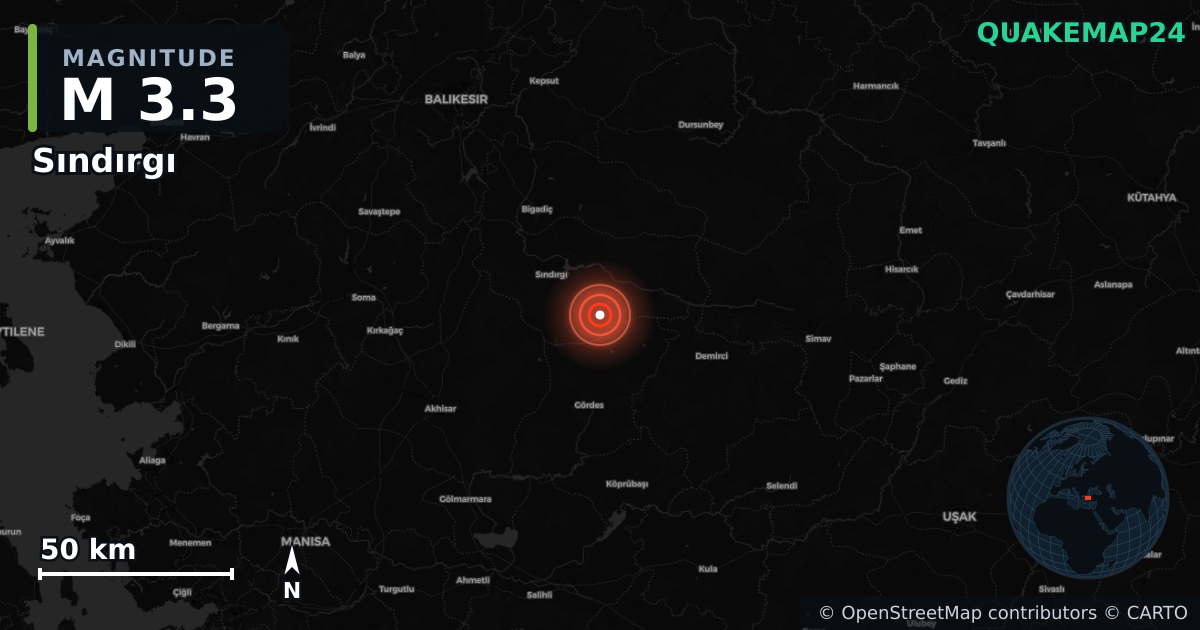M3.3 earthquake near Sındırgı on Jan 28, 2026 — map of epicenter and shaking intensity | QuakeMap24