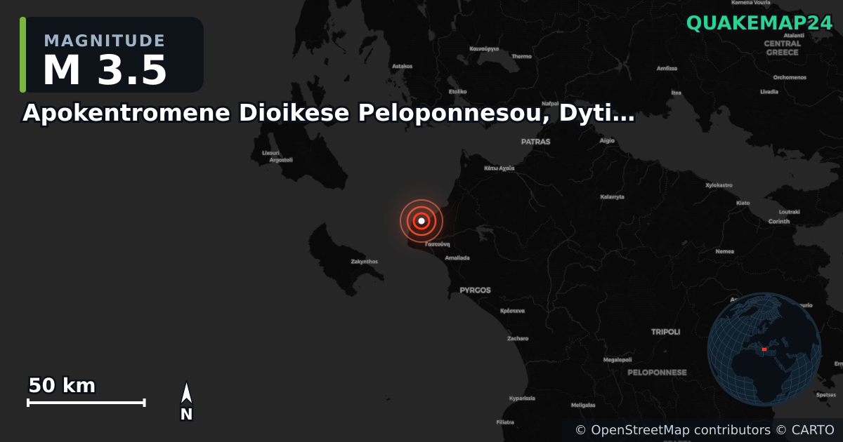 M3.5 earthquake near Apokentromene Dioikese Peloponnesou, Dytikes Elladas kai Ioniou on Jul 9, 2025 — map of epicenter and shaking intensity | QuakeMap24