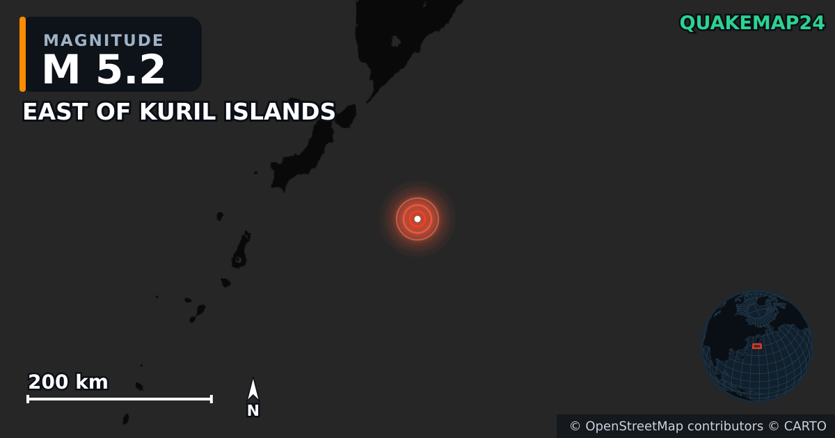 M5.2 earthquake near EAST OF KURIL ISLANDS on Aug 3, 2025 — map of epicenter and shaking intensity | QuakeMap24