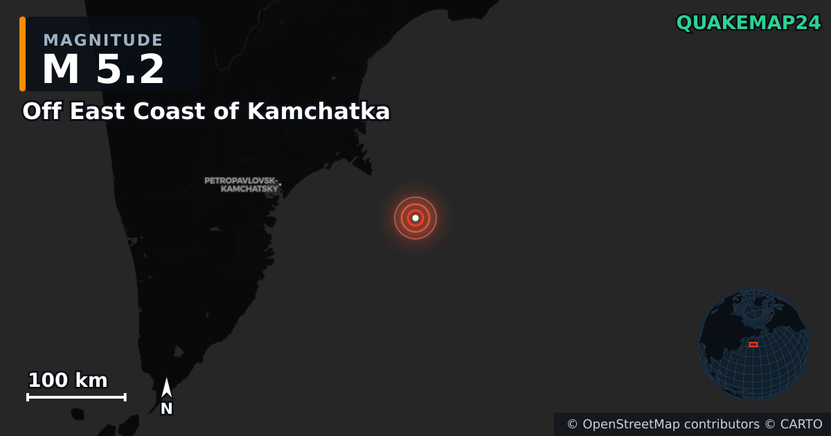 M5.2 earthquake near Off East Coast of Kamchatka on Sep 18, 2025 — map of epicenter and shaking intensity | QuakeMap24