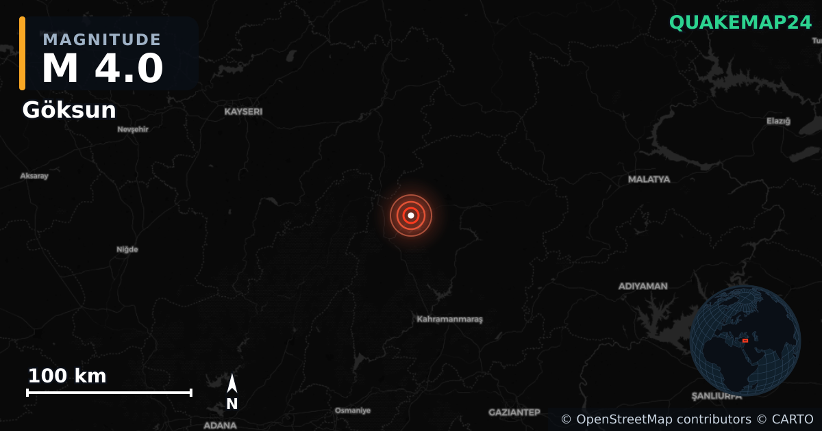 M4.0 earthquake near Göksun on Jan 16, 2026 — map of epicenter and shaking intensity | QuakeMap24