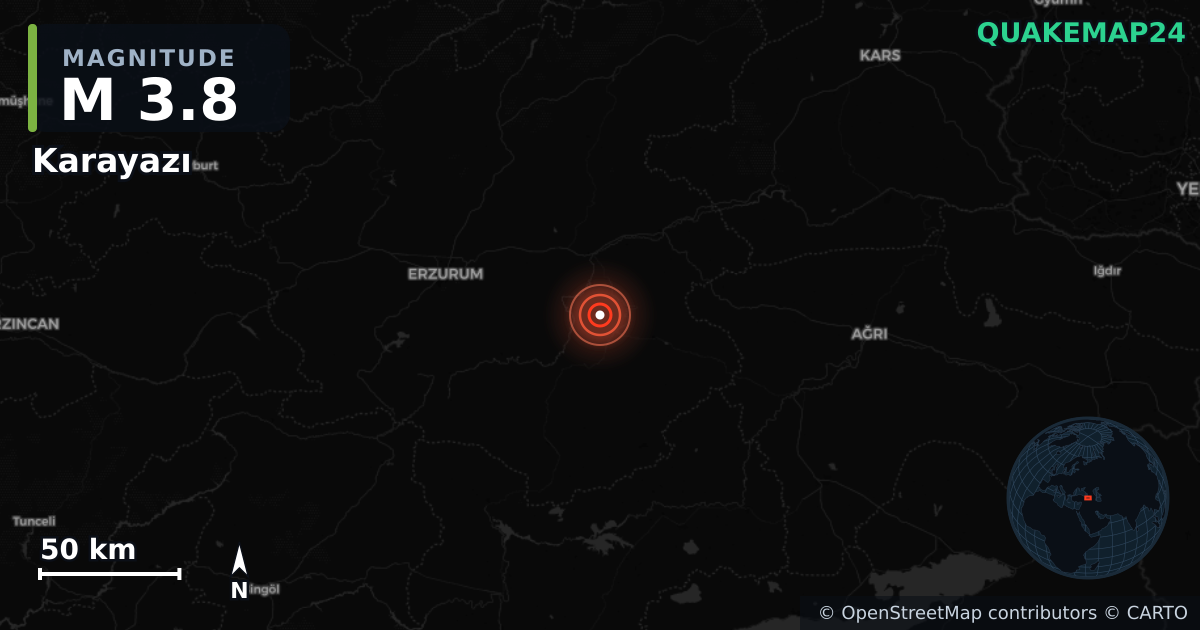 M3.8 earthquake near Karayazı on Jul 2, 2025 — map of epicenter and shaking intensity | QuakeMap24