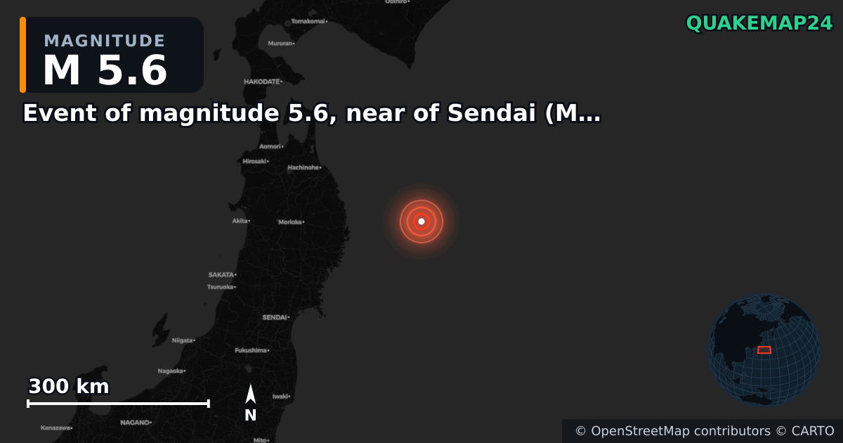 M5.6 earthquake near Event of magnitude 5.6, near of Sendai (Monde) on Nov 10, 2025 — map of epicenter and shaking intensity | QuakeMap24