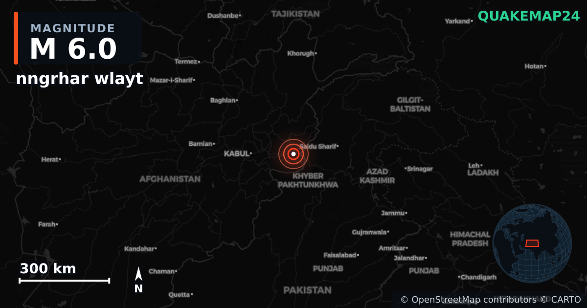 M6.0 earthquake near nngrhar wlayt on Aug 31, 2025 — map of epicenter and shaking intensity | QuakeMap24