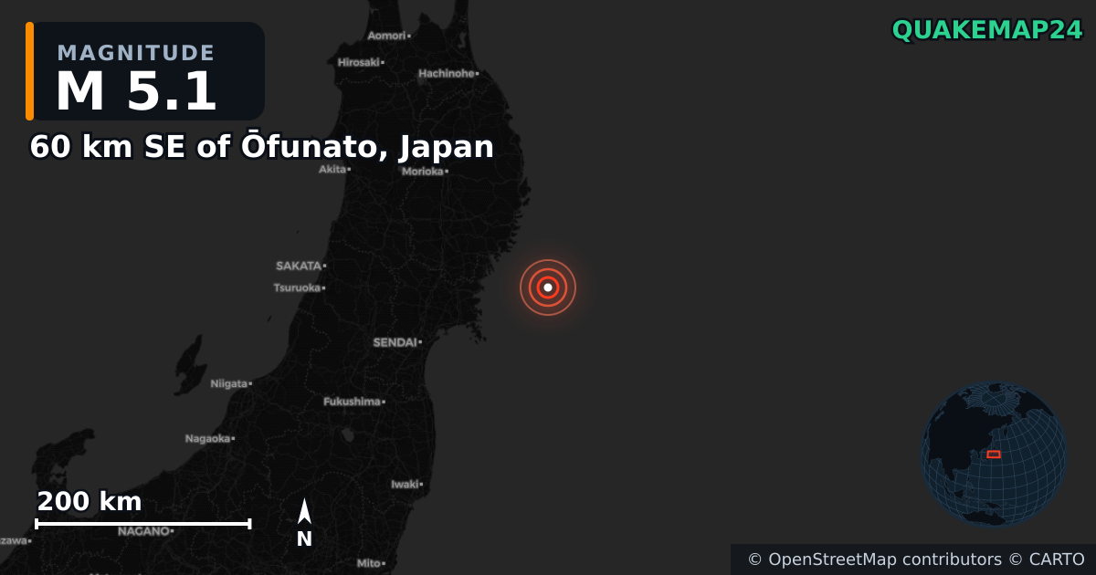 M5.1 earthquake near 60 km SE of Ōfunato, Japan on Jul 3, 2026 — map of epicenter and shaking intensity | QuakeMap24