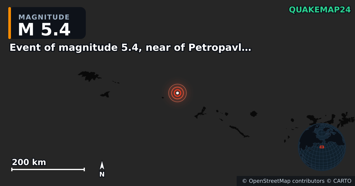 M5.4 earthquake near Event of magnitude 5.4, near of Petropavlovsk Kamchatskiy (Monde) on Mar 6, 2026 — map of epicenter and shaking intensity | QuakeMap24