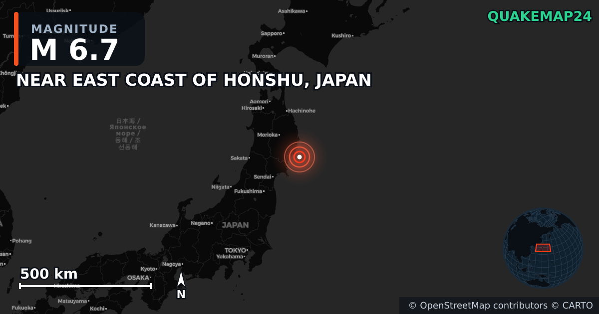 M6.7 earthquake near NEAR EAST COAST OF HONSHU, JAPAN on May 15, 2026 — map of epicenter and shaking intensity | QuakeMap24