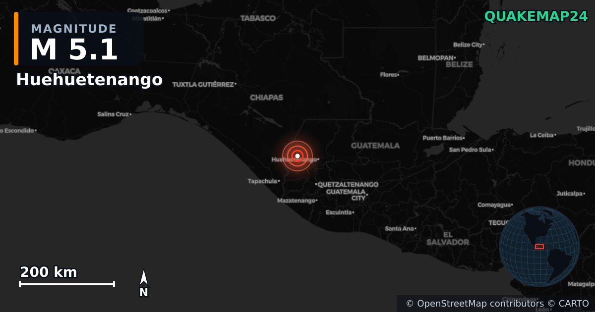 M5.1 earthquake near Huehuetenango on Nov 28, 2025 — map of epicenter and shaking intensity | QuakeMap24