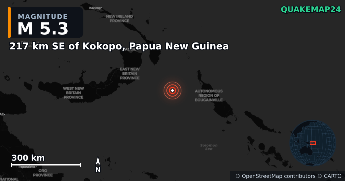 Erdbeben M5,3 bei 217 km SE of Kokopo, Papua New Guinea — Karte der Lage des Epizentrums