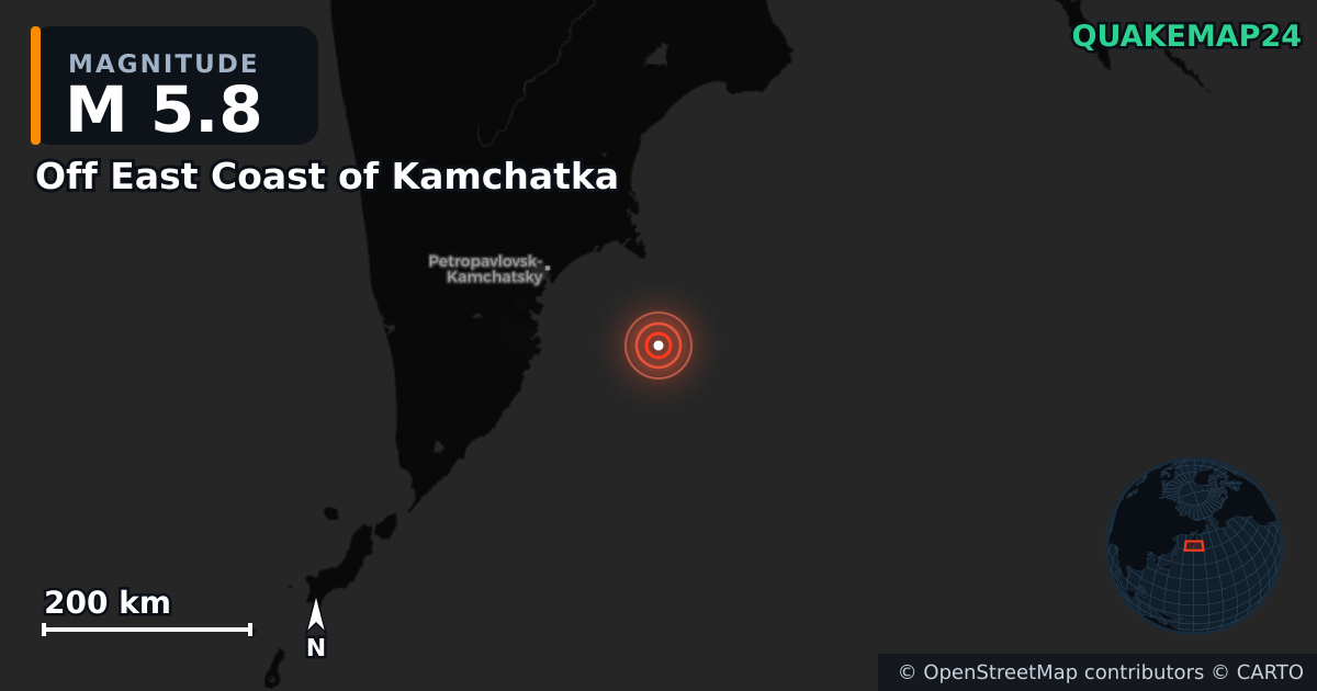 M5.8 earthquake near Off East Coast of Kamchatka on Nov 4, 2025 — map of epicenter and shaking intensity | QuakeMap24