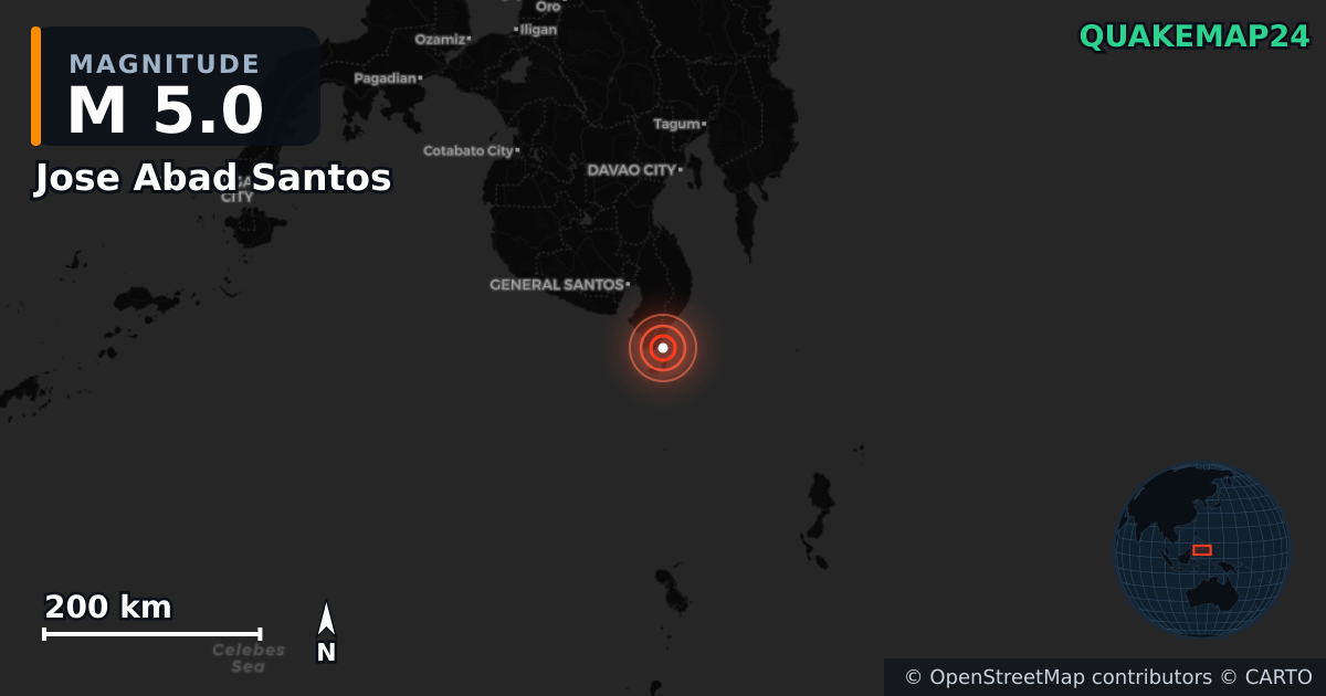 M5.0 earthquake near Jose Abad Santos on Jul 13, 2026 — map of epicenter and shaking intensity | QuakeMap24