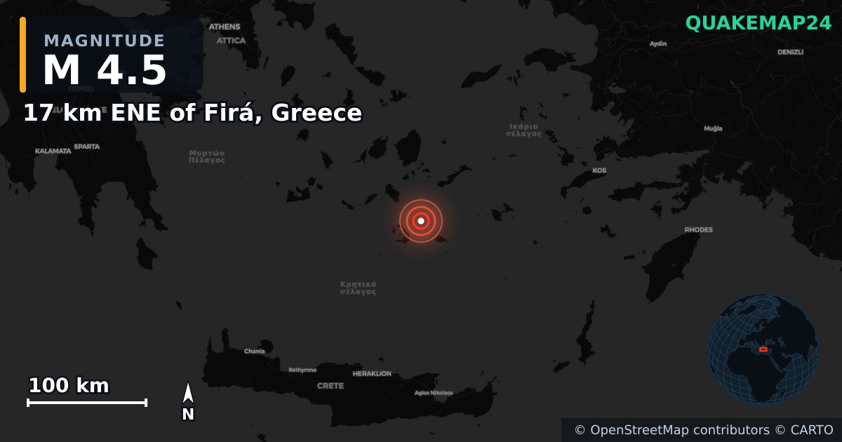M4.5 earthquake near 17 km ENE of Firá, Greece on Feb 12, 2025 — map of epicenter and shaking intensity | QuakeMap24
