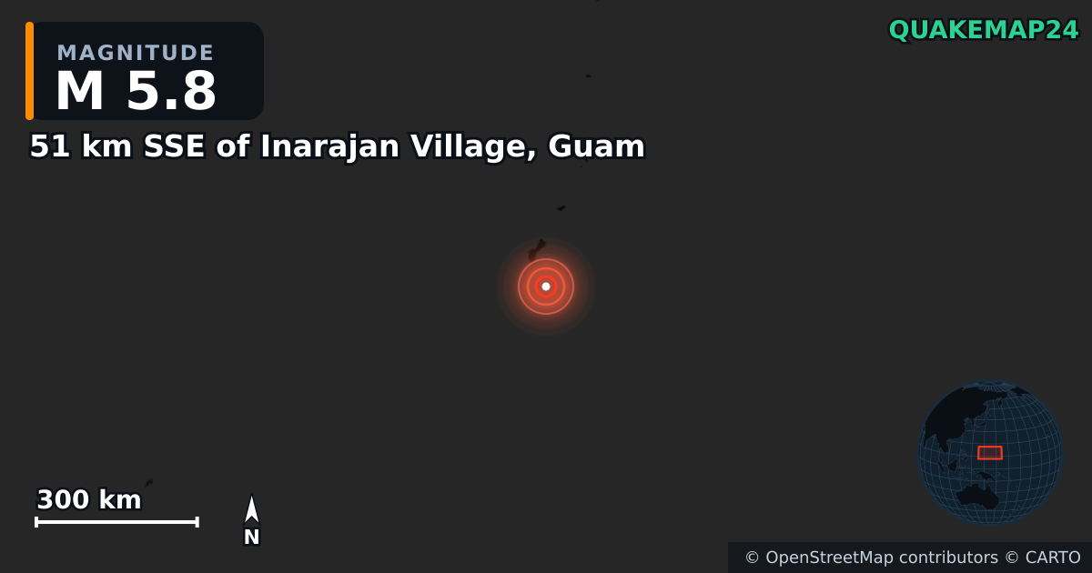 M5.8 earthquake near 51 km SSE of Inarajan Village, Guam on May 28, 2025 — map of epicenter and shaking intensity | QuakeMap24
