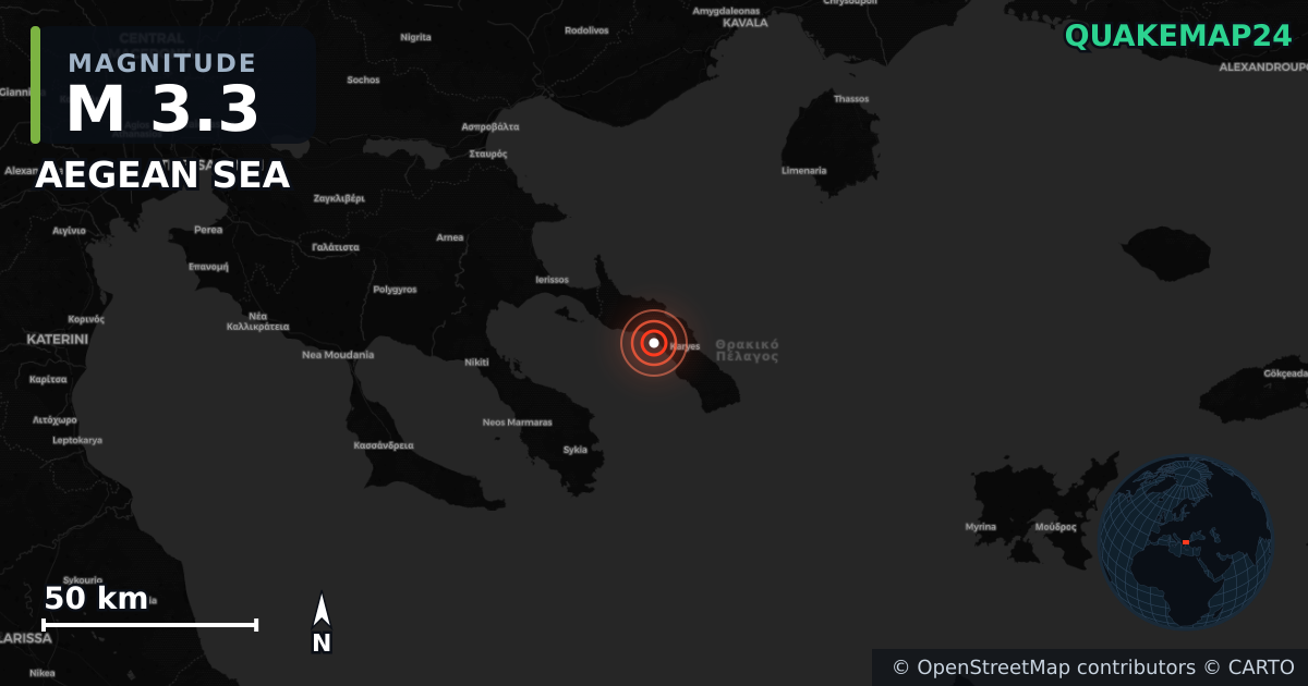 M3.3 earthquake near AEGEAN SEA on Jun 17, 2025 — map of epicenter and shaking intensity | QuakeMap24