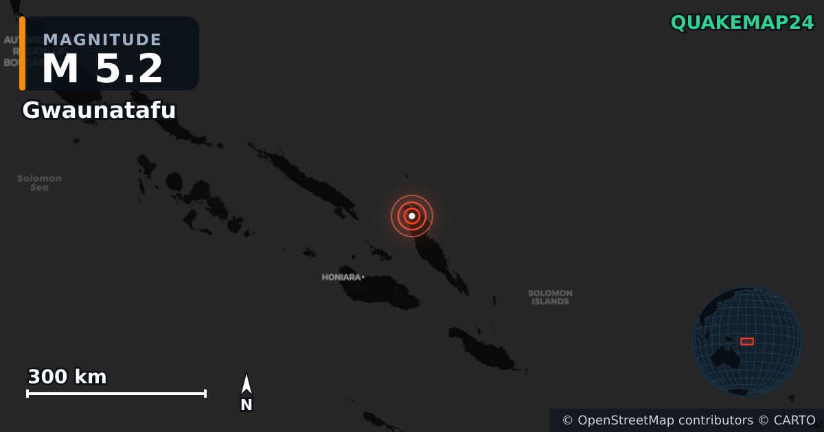 M5.2 earthquake near Gwaunatafu on May 16, 2026 — map of epicenter and shaking intensity | QuakeMap24