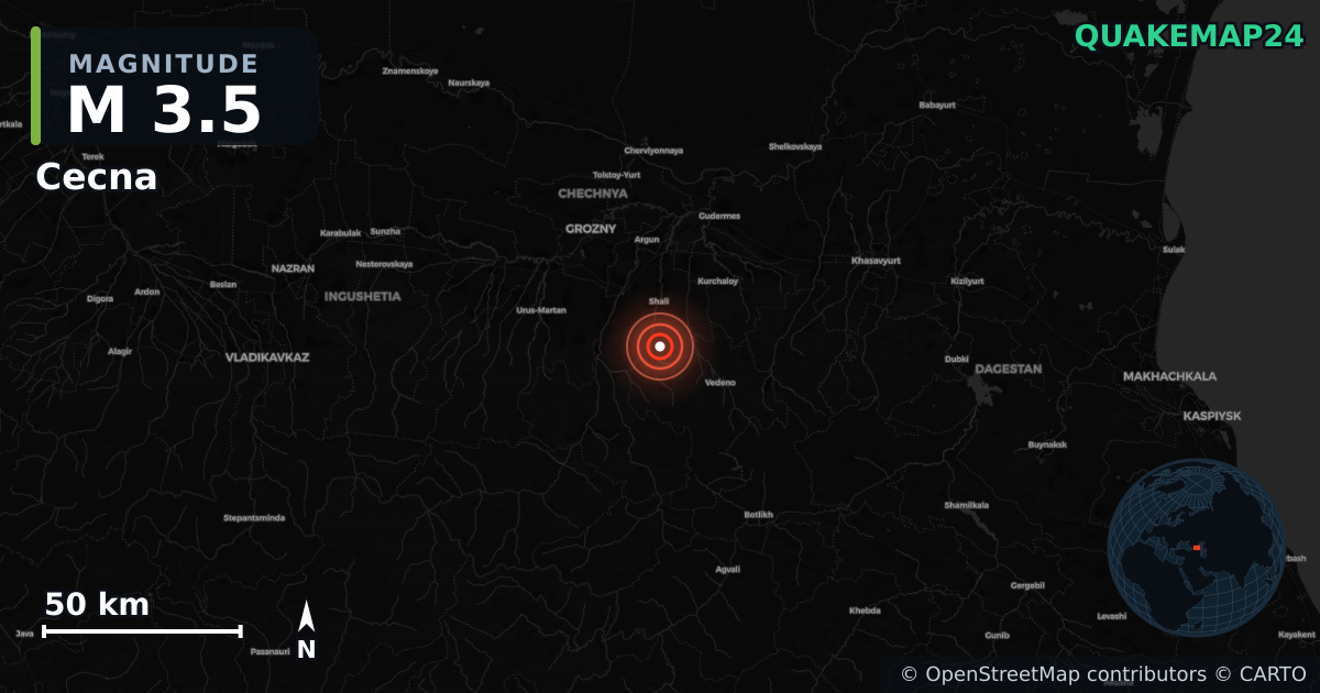 M3.5 earthquake near Cecna on Jun 1, 2025 — map of epicenter and shaking intensity | QuakeMap24
