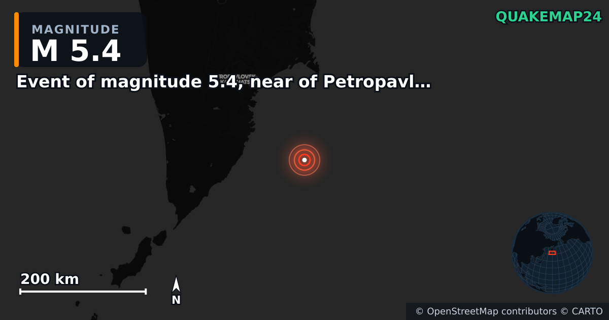 M5.4 earthquake near Event of magnitude 5.4, near of Petropavlovsk Kamchatskiy (Monde) on Sep 11, 2025 — map of epicenter and shaking intensity | QuakeMap24
