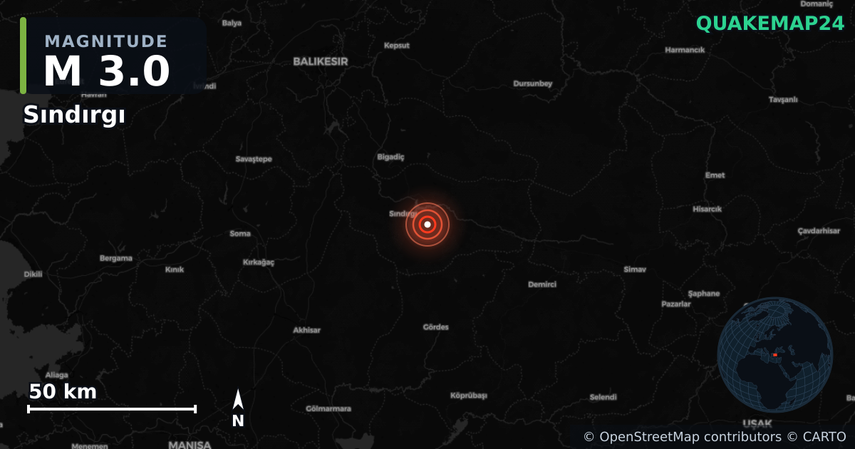 M3.0 earthquake near Sındırgı on Sep 3, 2025 — map of epicenter and shaking intensity | QuakeMap24