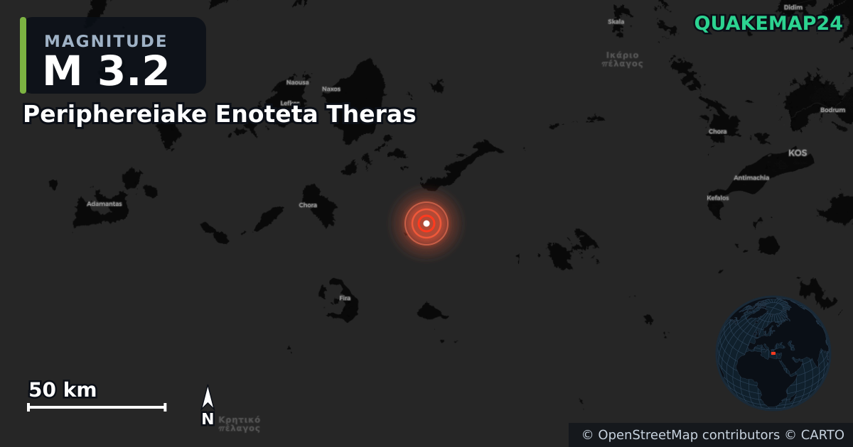 M3.2 earthquake near Periphereiake Enoteta Theras on May 9, 2026 — map of epicenter and shaking intensity | QuakeMap24