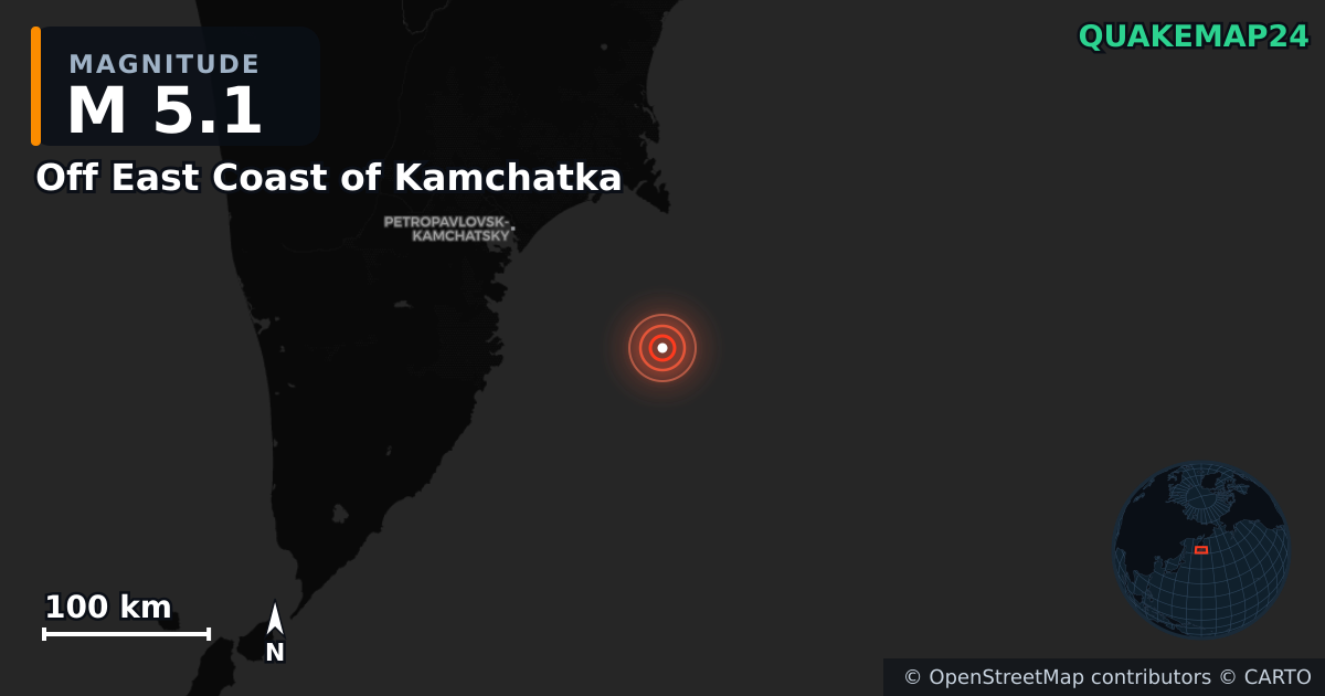 M5.1 earthquake near Off East Coast of Kamchatka on Nov 20, 2025 — map of epicenter and shaking intensity | QuakeMap24