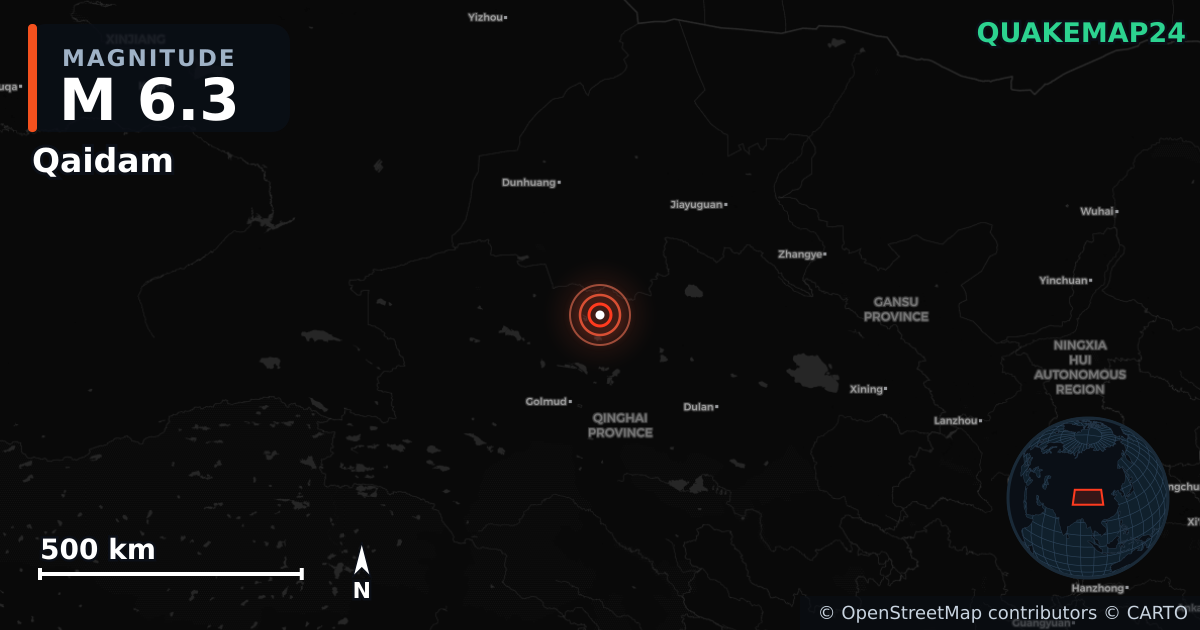 M6.3 earthquake near Qaidam on Jun 16, 2026 — map of epicenter and shaking intensity | QuakeMap24