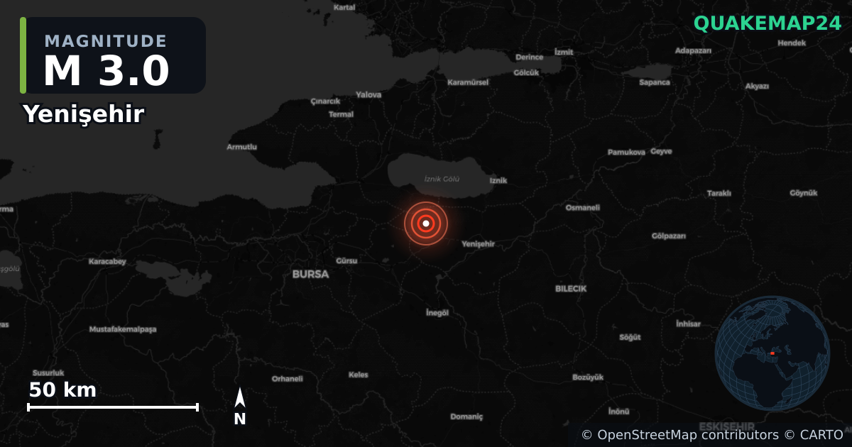 Sismo de M3,0 perto de Yenişehir, Bursa (Turquia) · 2026-09-10 — Mapa da localização do epicentro